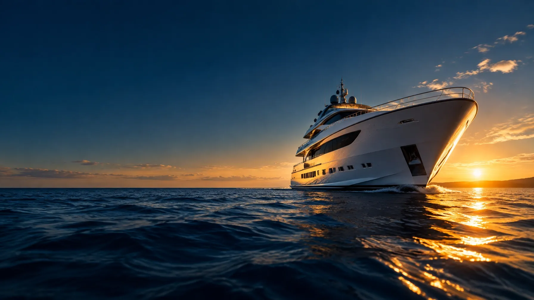 Yacht moving across the water at golden hour